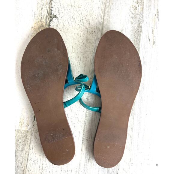 Tory Burch Womens 10 Blue Gold Leighanne Bow Slip-On Logo Thong Sandals - Picture 6 of 11